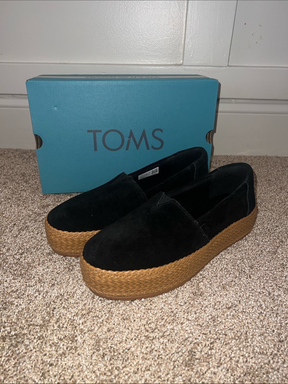 TOMS Valencia Black Suede Platform Espadrilles with Tan Woven Sole